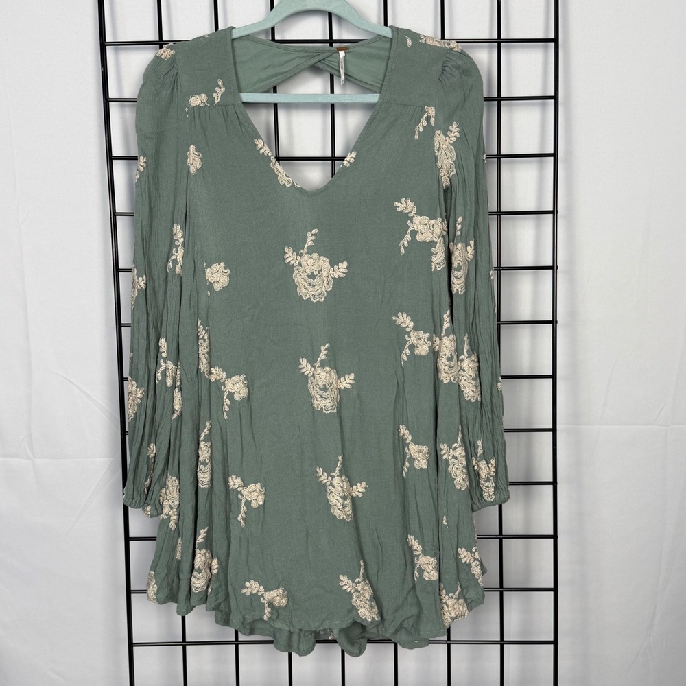 Free People Emma Embroidered Mini Dress Womens XS Green Floral Boho Festival